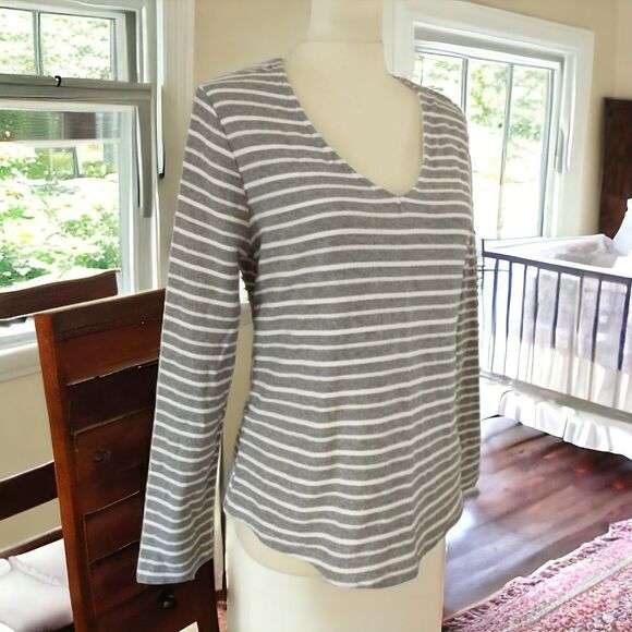 A New Day Tie Back Top Sz S Gray White Nautical Textured Stripes Coastal Beachy - Picture 14 of 16